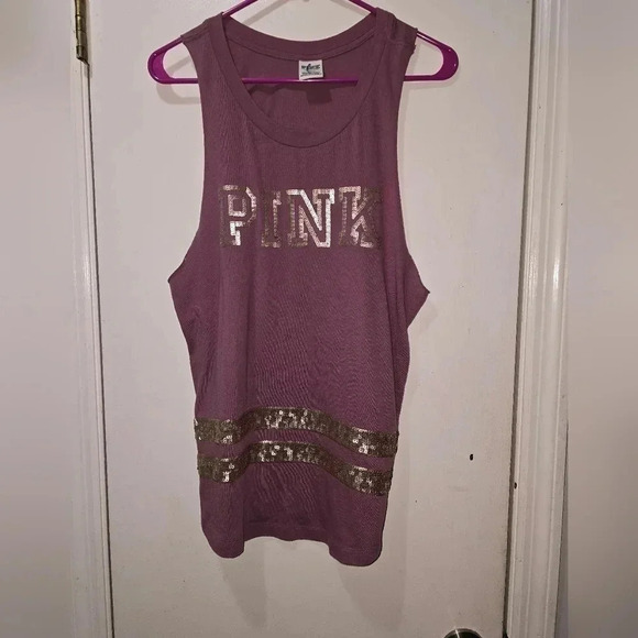 Victorias Secret Pink Muscle Tank Top Tee Bronze Gold bling Medium - Picture 1 of 4